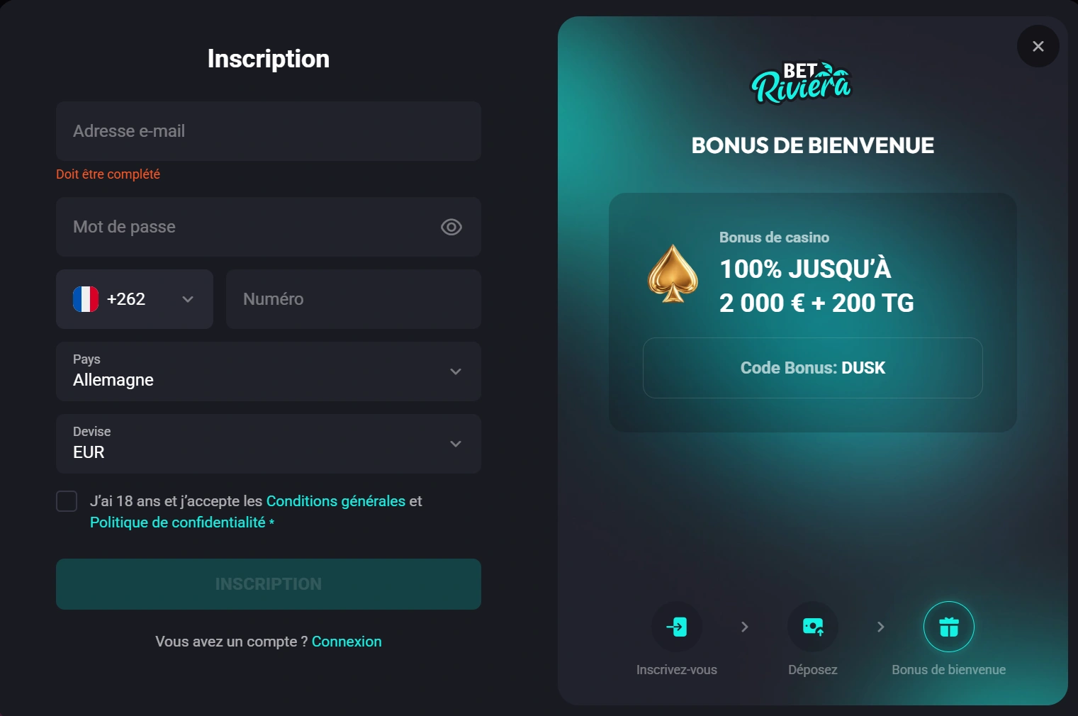Casino BetRiviera Inscription